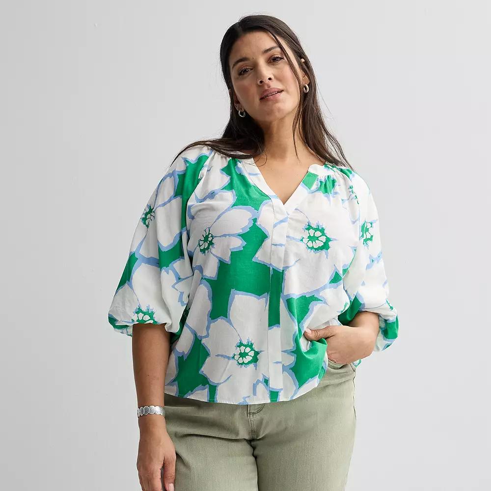 Plus Size Sonoma Goods For Life® Shirred Y-Neck Balloon Sleeve Blouse, Women's, Size: 0X, Green Brush Floral Product Image