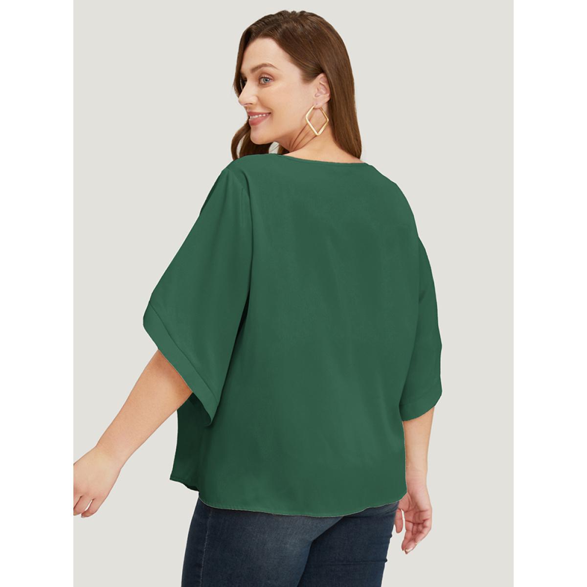 Plus Size ArmyGreen Solid Button Detail Flounce Sleeve Blouse Women Office Elbow-length sleeve Round Neck Dailywear Blouses BloomChic 14-16/1X Product Image