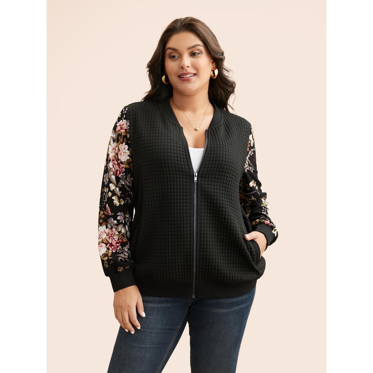 Plus Size Natural Flowers Patchwork Texture Jacket Women Black Texture Slanted pocket Everyday Jackets BloomChic 30/6X Product Image