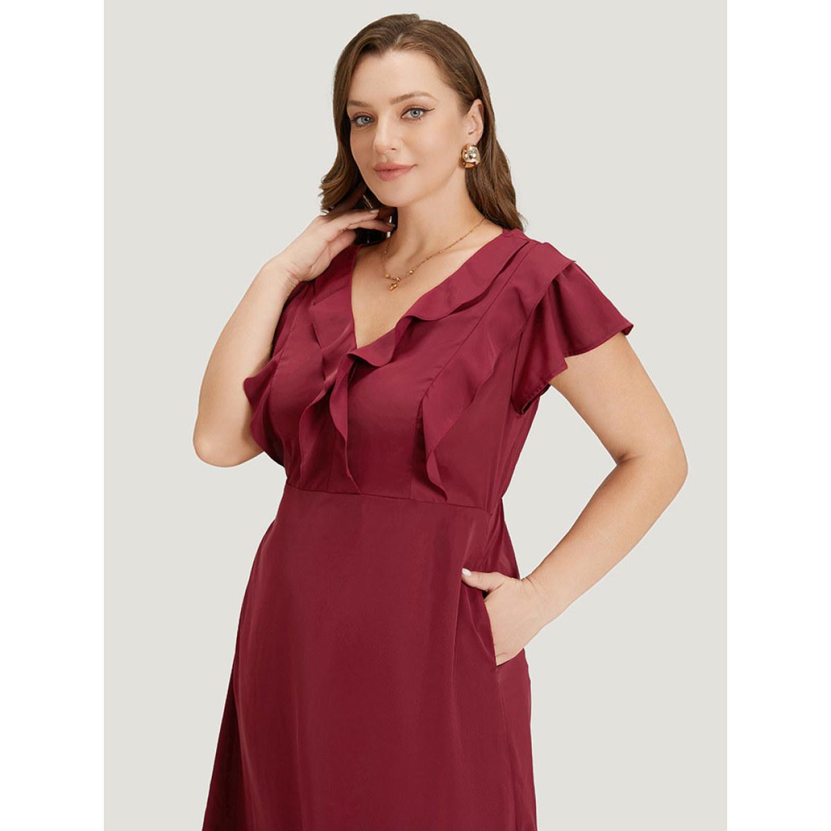 Plus Size Plain Ruffle Trim Pocket Cap Sleeve Midi Dress Scarlet Women Office Plain V-neck Sleeveless Curvy Midi Dress BloomChic 14-16/1X Product Image