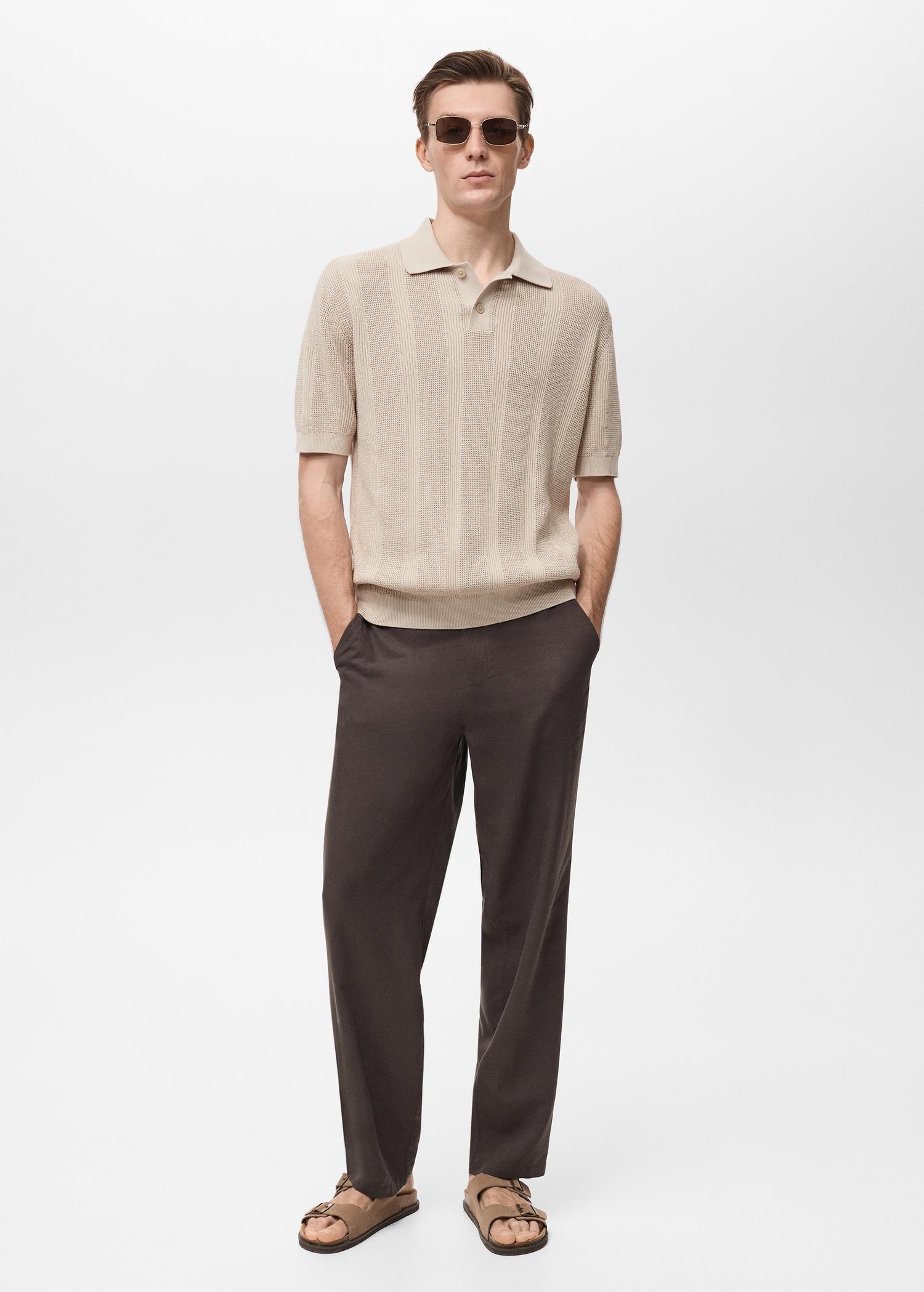 Striped openwork knitted polo shirt - Men | MANGO USA Product Image