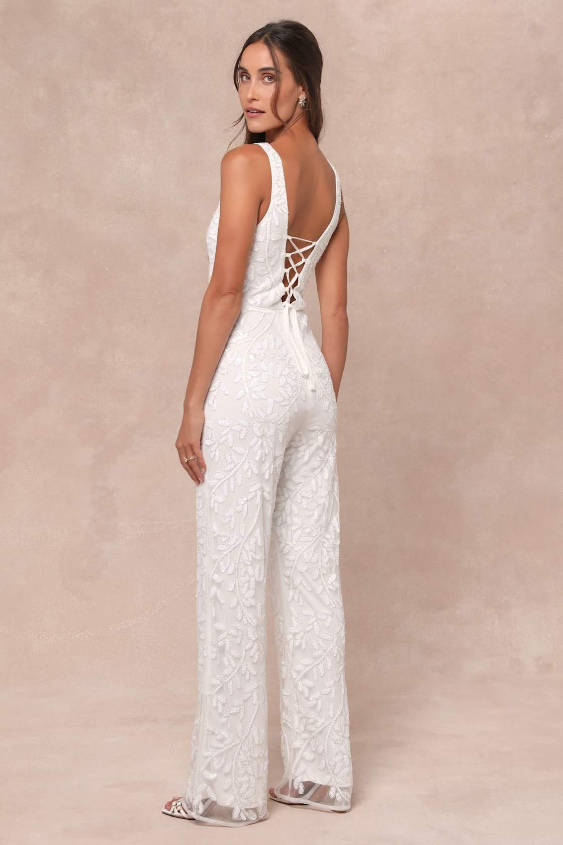 Glittering Influence White Mesh Beaded Lace-Up Jumpsuit Product Image