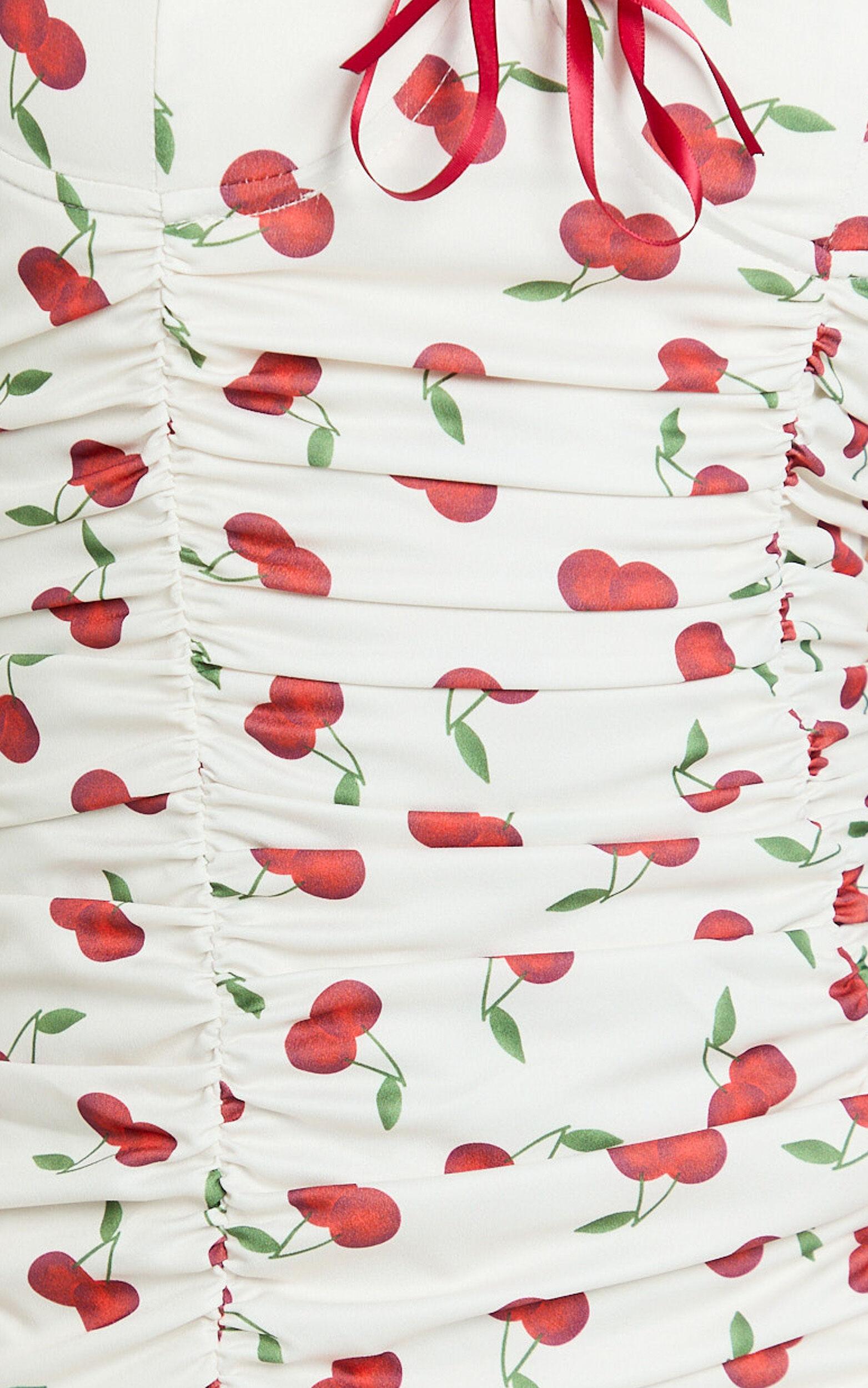 Bailey Mini Dress - Recycled Cherry Print Cap Sleeve Ruched Bust Bodycon Dress in Blushing Cherries Print Product Image