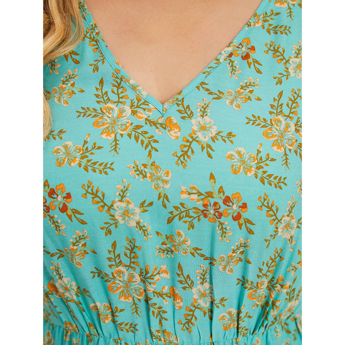 Plus Size Floral Print Lantern Sleeve Contrast Patchwork Dress Aquamarine Women Vacation Elastic cuffs V-neck Half Sleeve Curvy Midi Dress BloomChic 22-24/3X Product Image