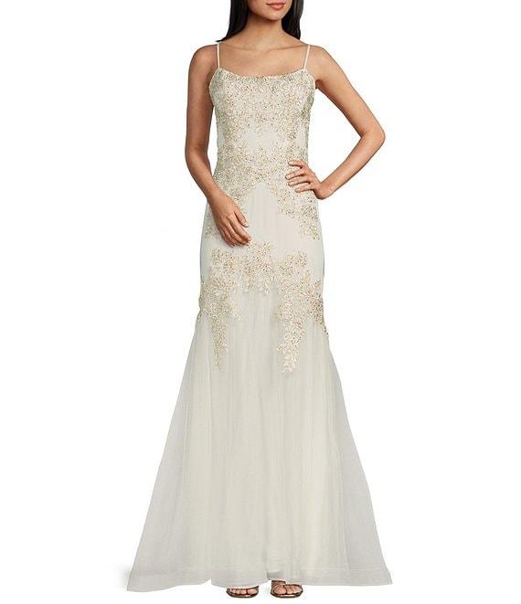 Blondie Nites Mesh Illusion Applique Scoop Neck Spaghetti Strap Tie Back Gown Product Image