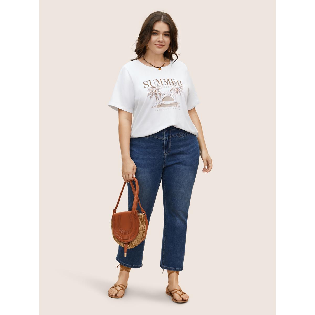 Plus Size Tropical Landscape Print Round Neck T-shirt Originalwhite Women Resort Contrast Round Neck Vacation T-shirts BloomChic 26/4X Product Image