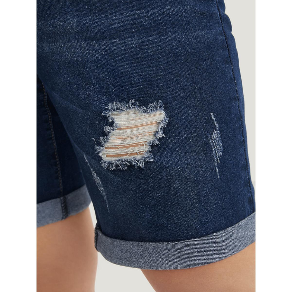 Plus Size Slightly Stretchy High Rise Dark Wash Distressed Denim Shorts Women DarkBlue Casual Plain Distressed Low stretch Pocket Jeans BloomChic 10/M Product Image
