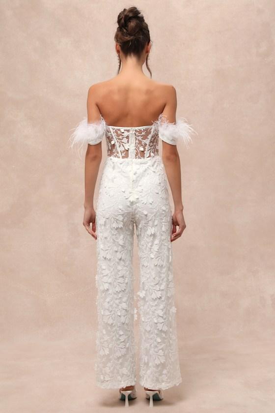 Midnight Sparkle White Mesh Embroidered Feather Bustier Jumpsuit Product Image