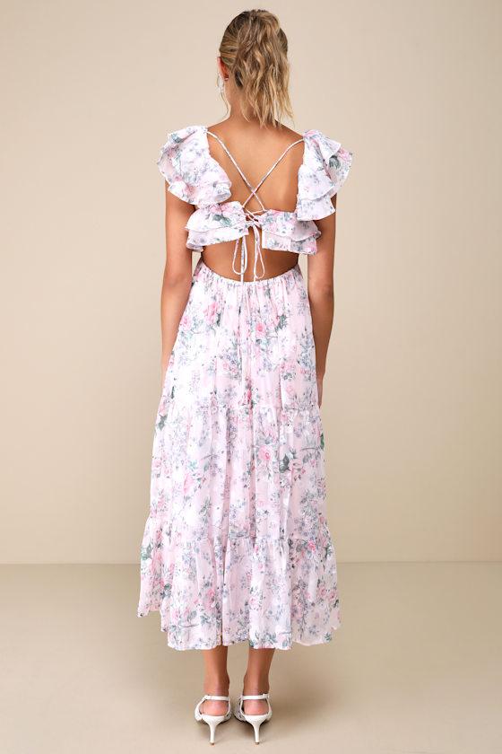 Genuine Sweetness Light Pink Floral Jacquard Lace-Up Midi Dress Product Image