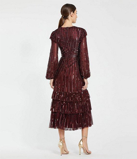 Mac Duggal Sequin Embellished Mesh High Neck Blouson Sleeves Ruffle Dress Product Image