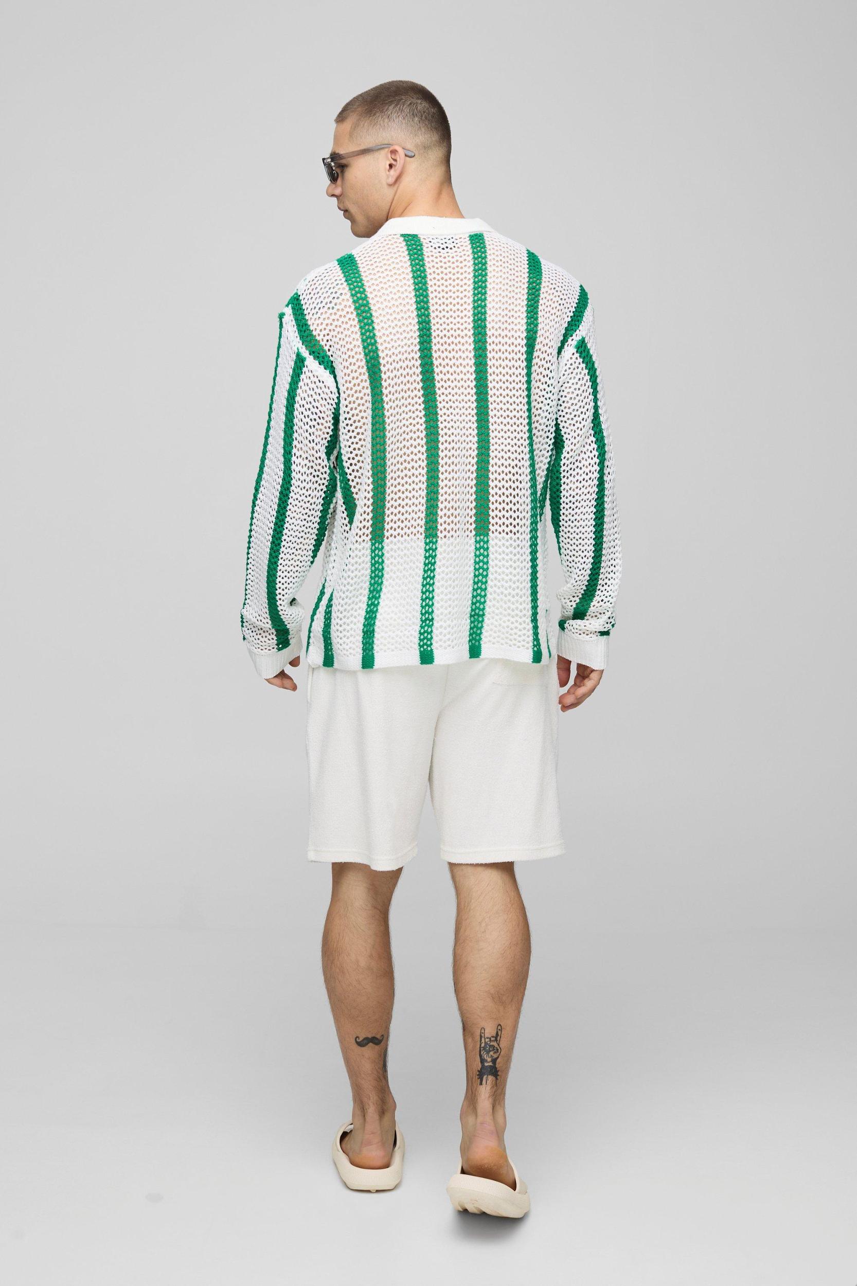 Regular Fit Open Stitch Stripe Long Sleeve Knitted Shirt | boohooMAN USA Product Image