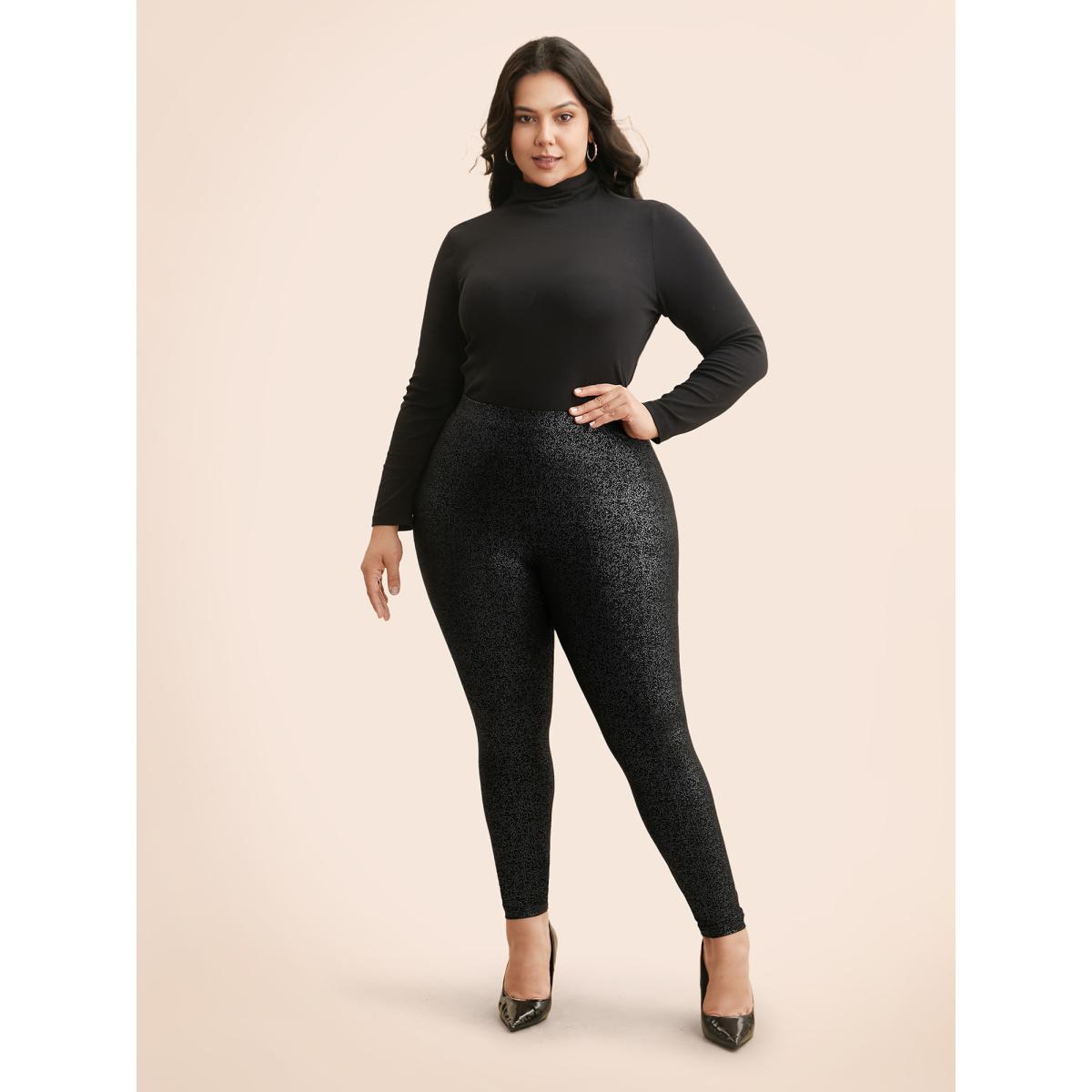 Plus Size Glitter Pleated Skinny Leggings Women Black Cocktail Medium stretch Skinny Mid Rise Party Leggings BloomChic 12/L Product Image