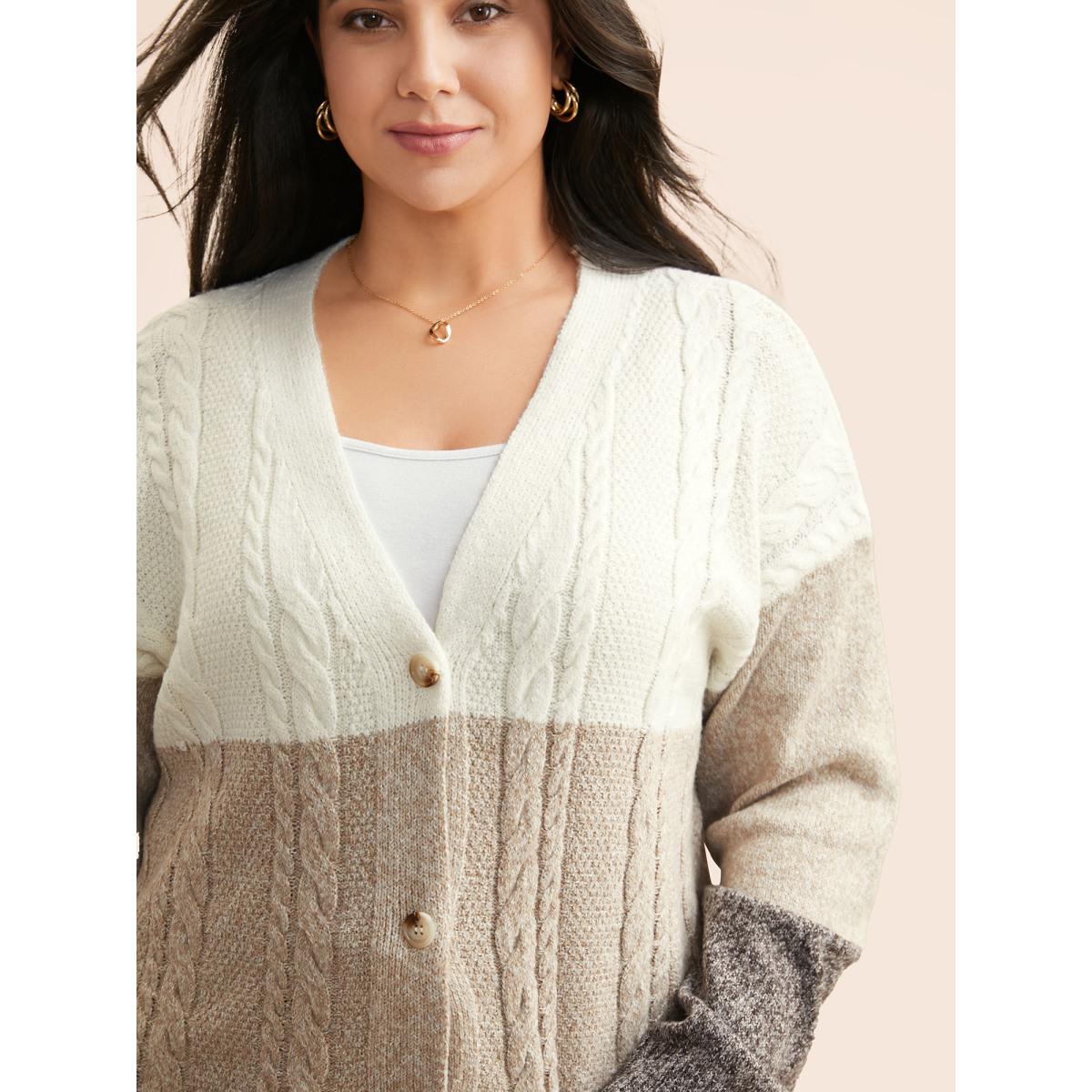 Plus Size Colorblock Contrast Cable Knit Cardigan Browncoffeecolor Women Casual Loose Long Sleeve Everyday Cardigans BloomChic 30/6X Product Image
