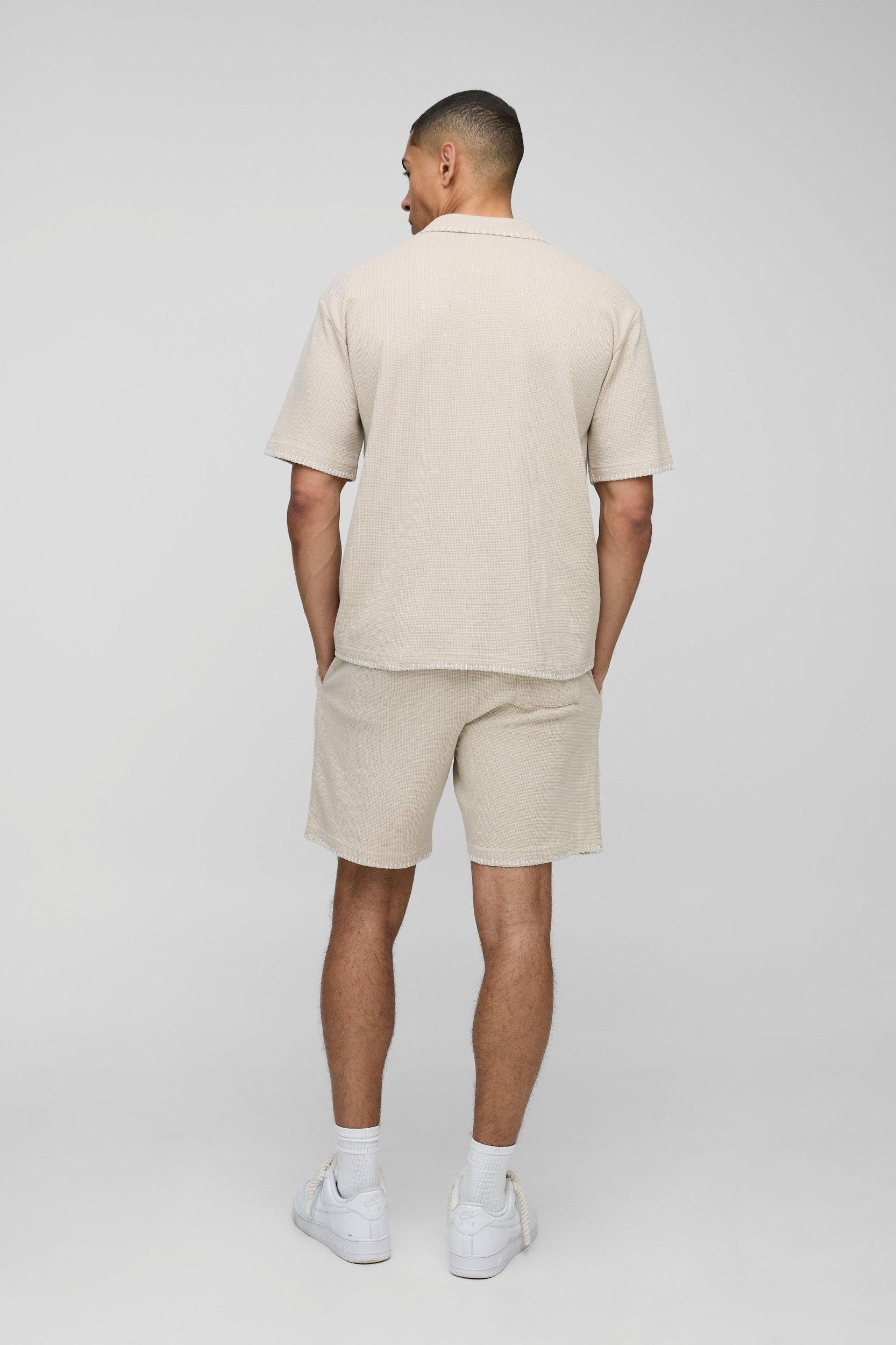 Oversized Contrast Stitch Waffle Shirt & Loose Fit Short | boohooMAN USA Product Image