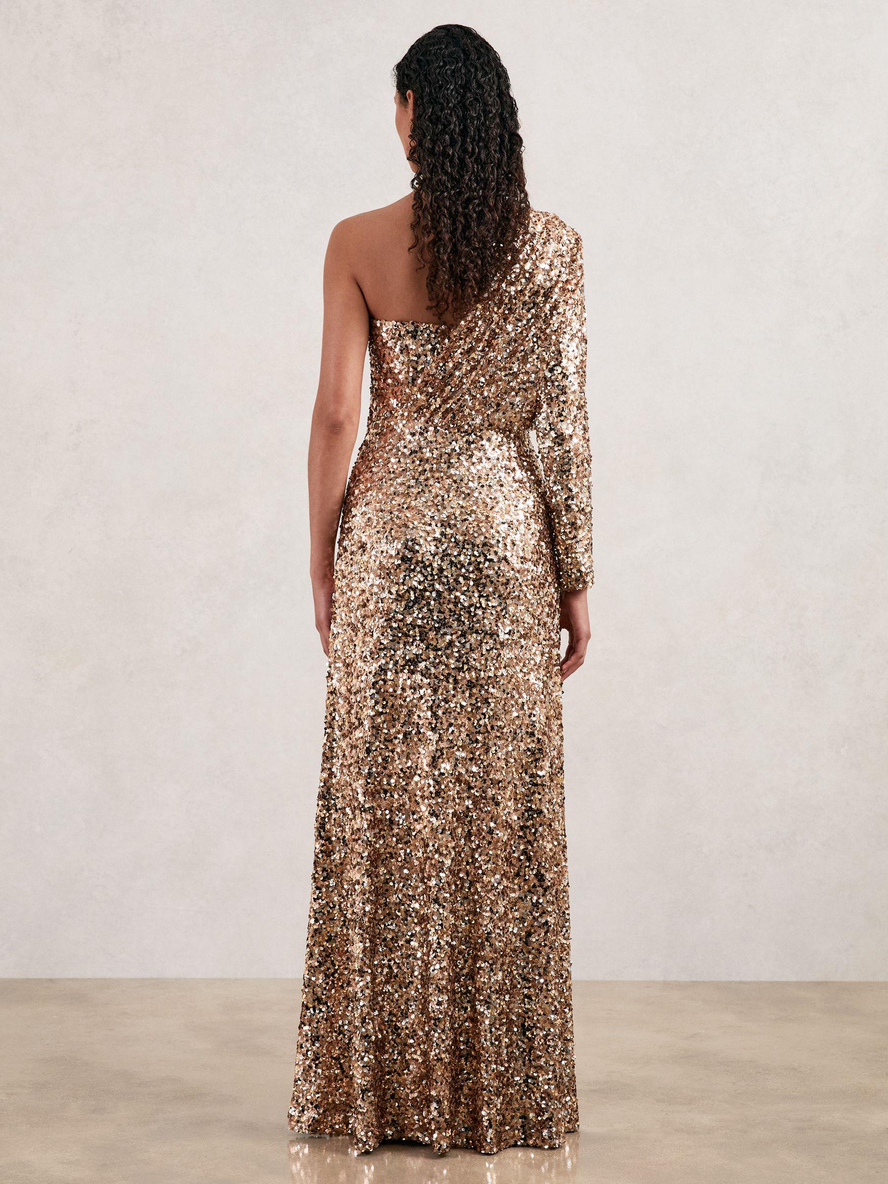 Halston Sequin One Shoulder Maxi Dress in Gold Product Image