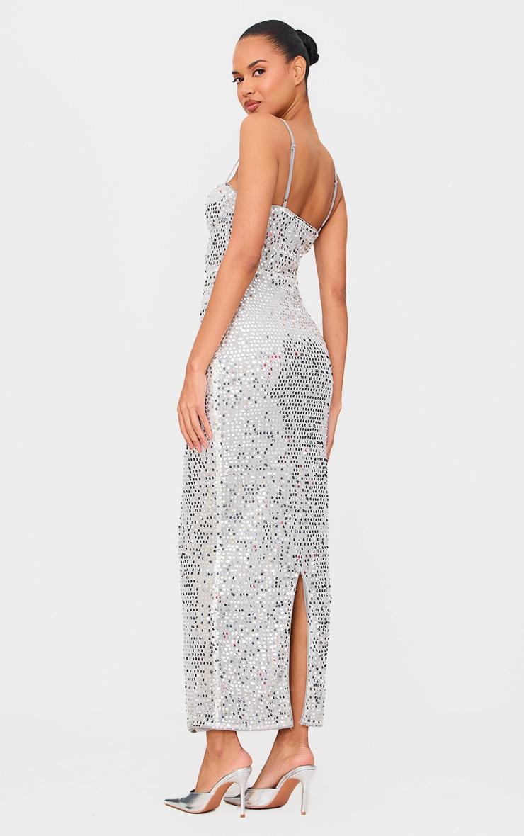 Silver Sequin Strappy Corset Detail Maxi Dress Product Image