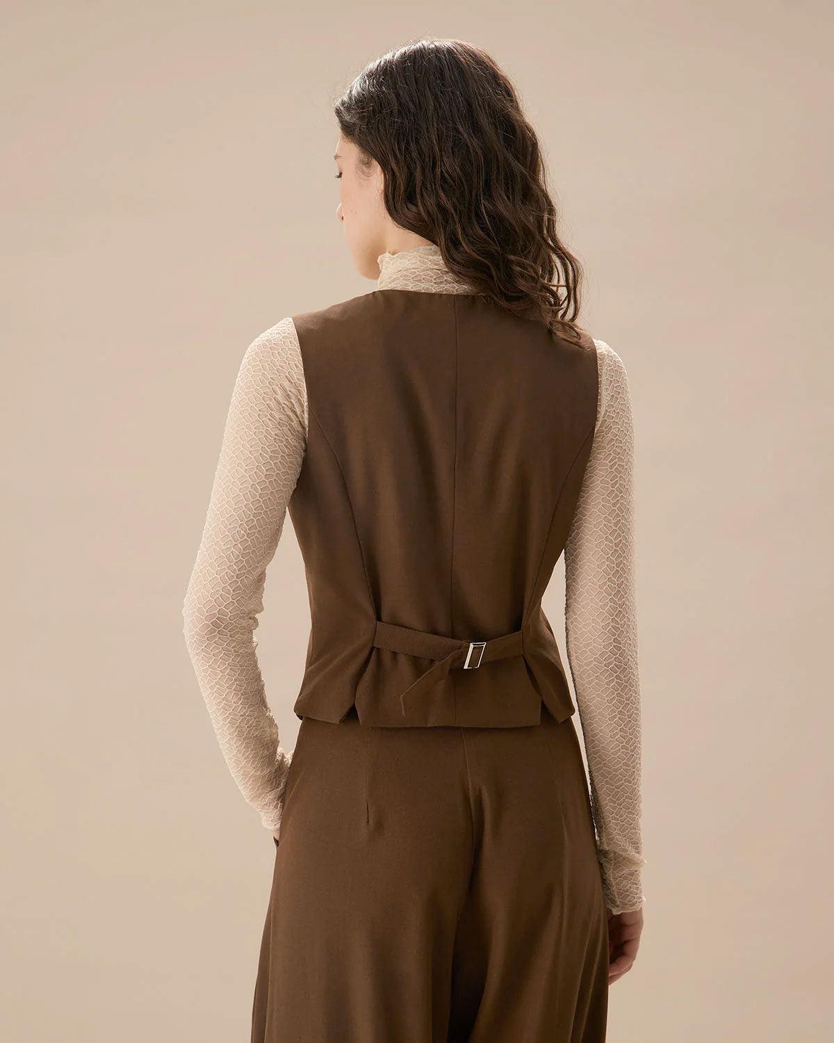 Brown V Neck Button Up Sleeveless Vest Product Image