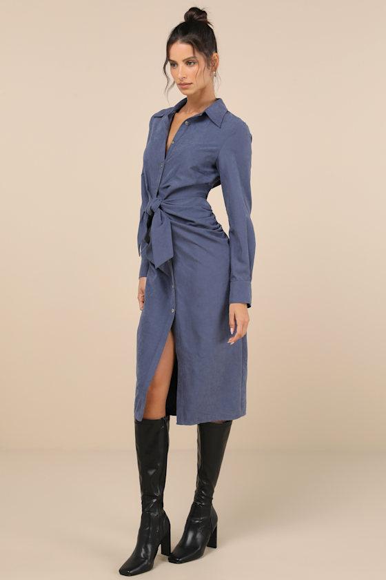 Autumnal Views Dark Blue Suede Button-Up Tie-Front Midi Dress Product Image