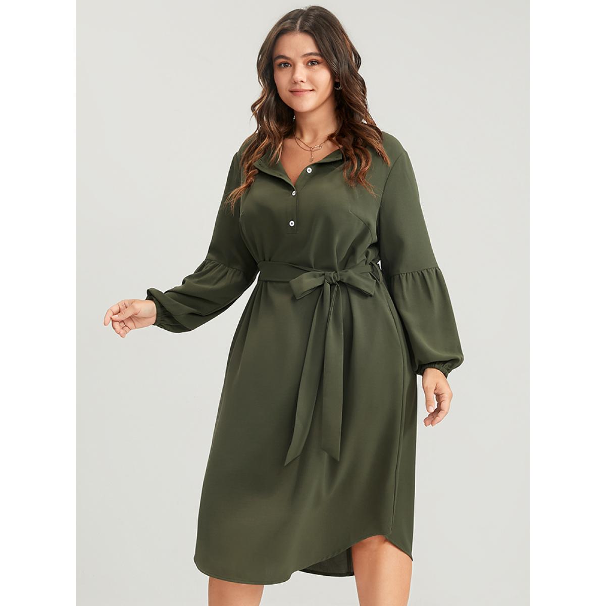 Plus Size Solid Lantern Sleeve Button Pocket Belted Arc Hem Dress ArmyGreen Women Office Belted Round Neck Long Sleeve Curvy Midi Dress BloomChic 12/L Product Image