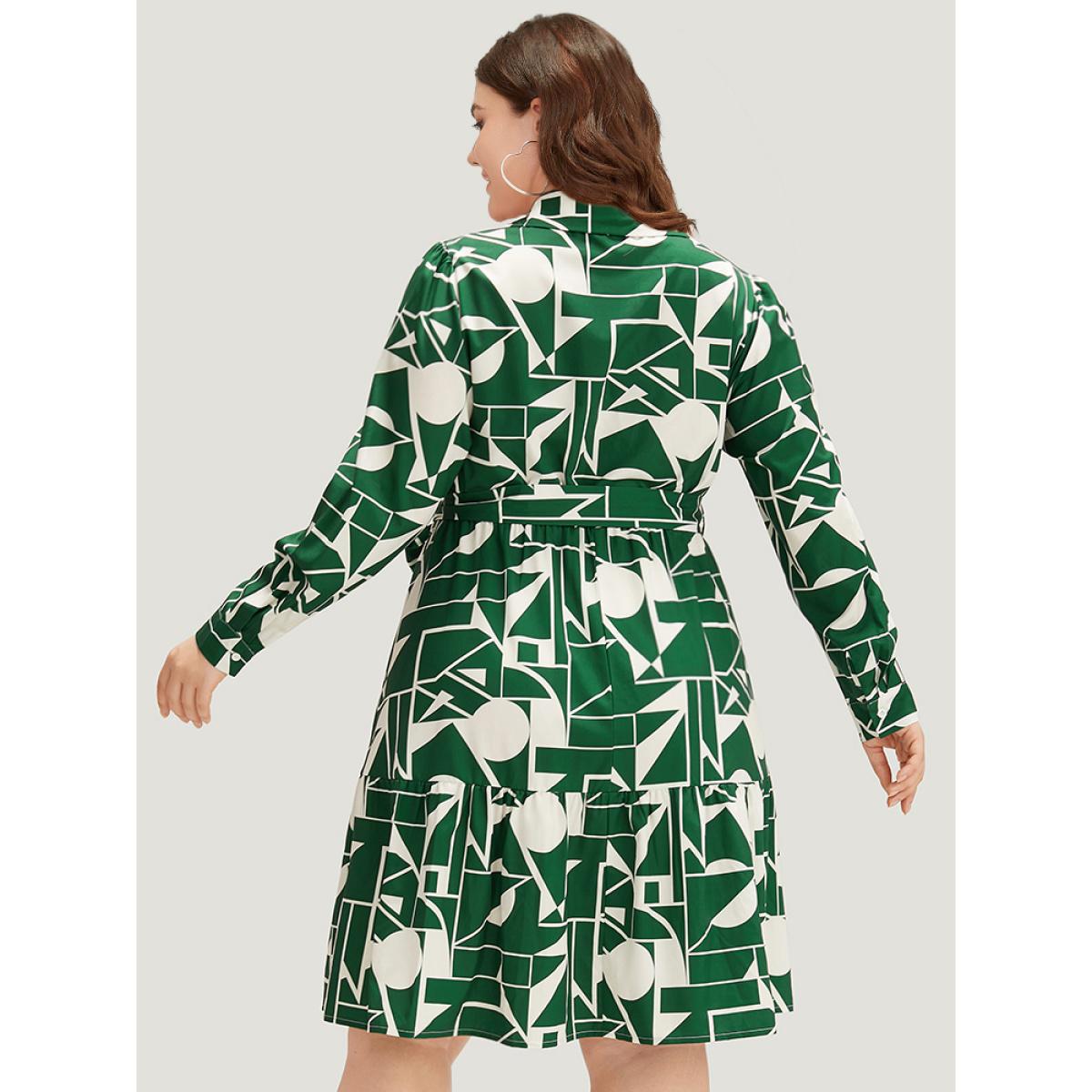 Plus Size Geometric Shirt Collar Belted Pocket Flutter Dress Green Women Office Belted Shirt collar Long Sleeve Curvy Midi Dress BloomChic 14-16/1X Product Image