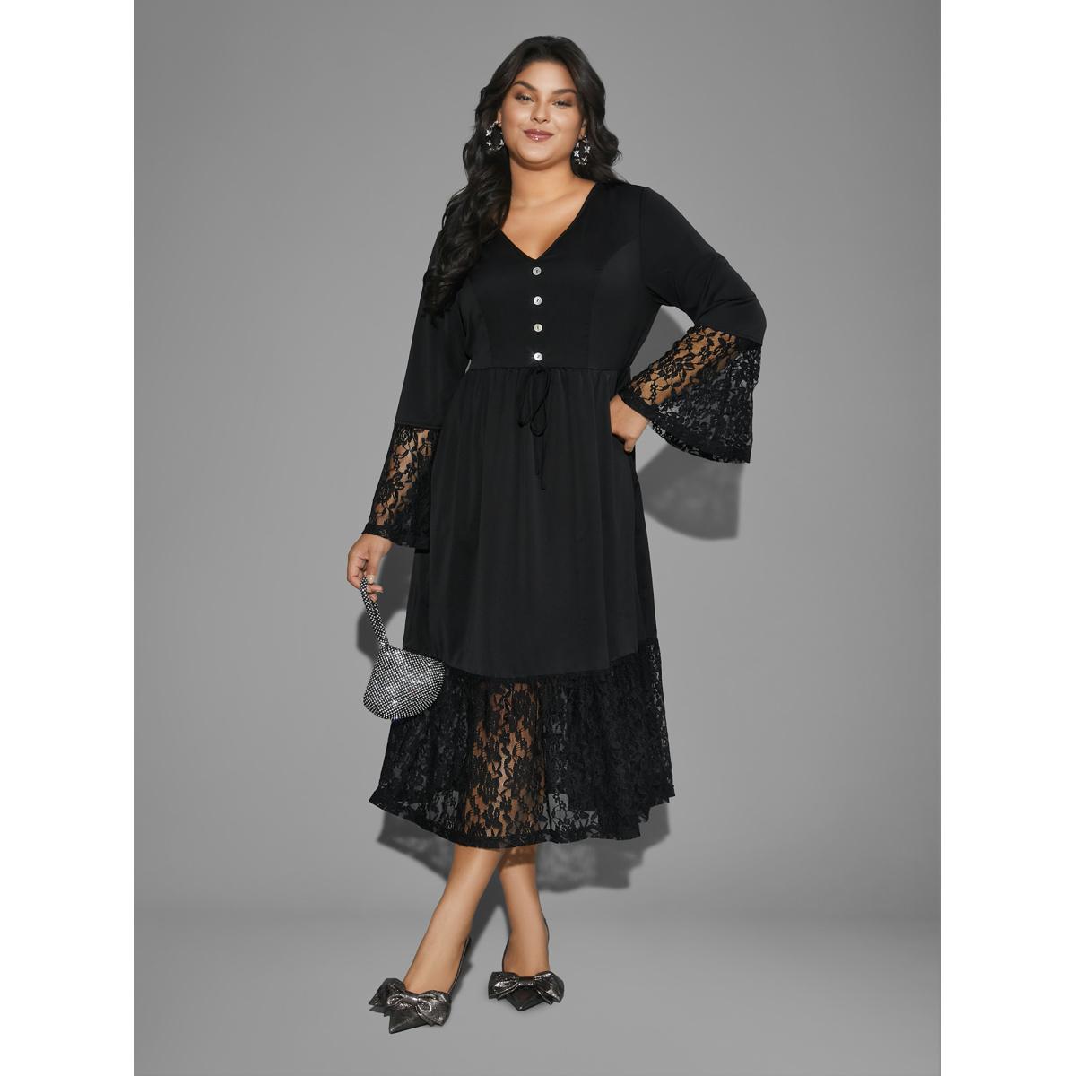 Plus Size Lace Patchwork Button Detail Tie Knot Dress Black Women Cocktail Woven ribbon&lace trim Party Curvy Bloomchic 18-20/2X Product Image