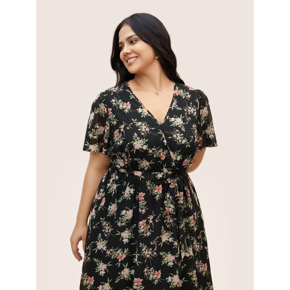 Plus Size Surplice Neck Chiffon Floral Belted Dress Black Women Elegant See through V-neck Short sleeve Curvy BloomChic 30/6X Product Image