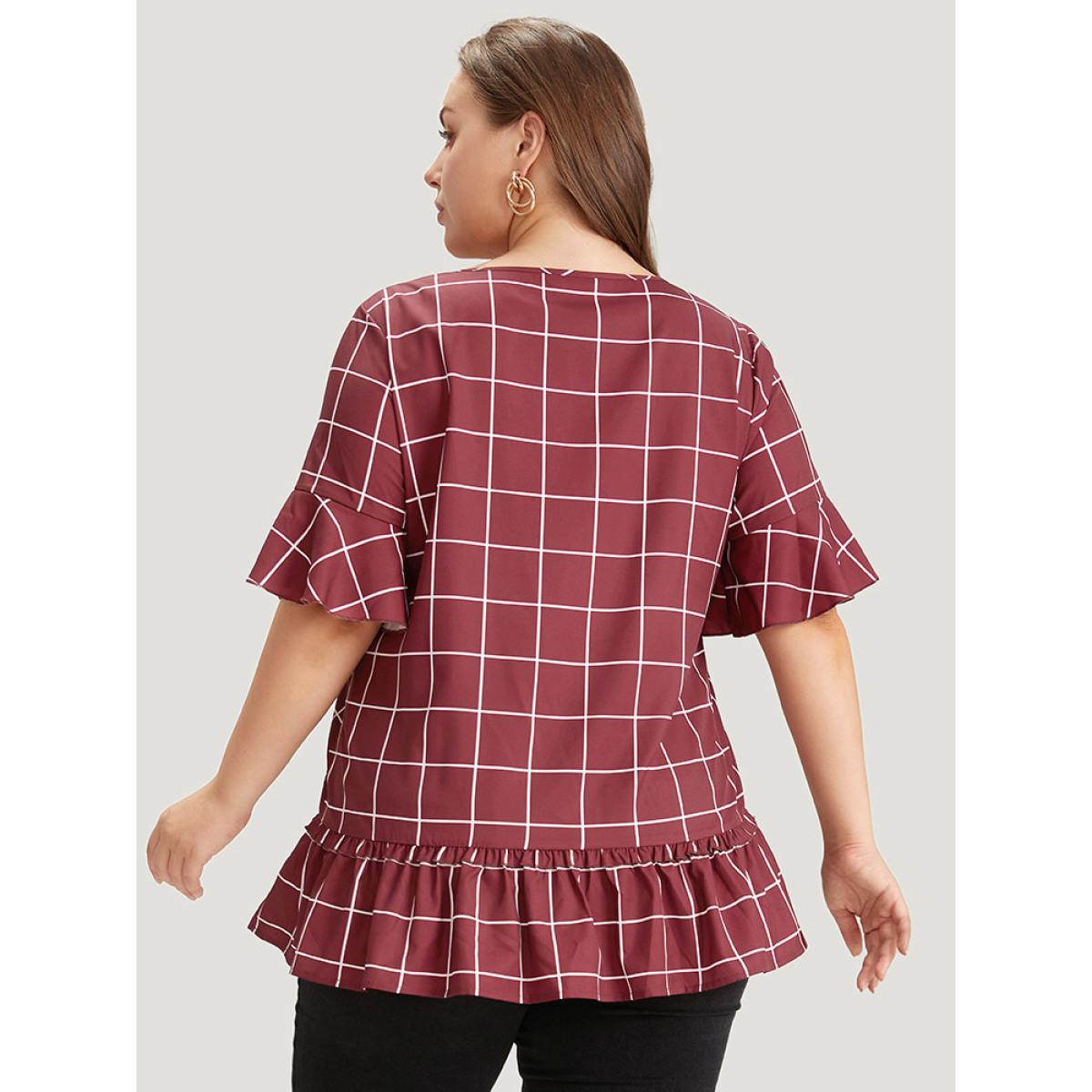 Plus Size Burgundy Plaid Frill Trim Bell Sleeve Flutter Hem Blouse Women Elegant Half Sleeve Round Neck Dailywear Blouses BloomChic 22-24/3X Product Image