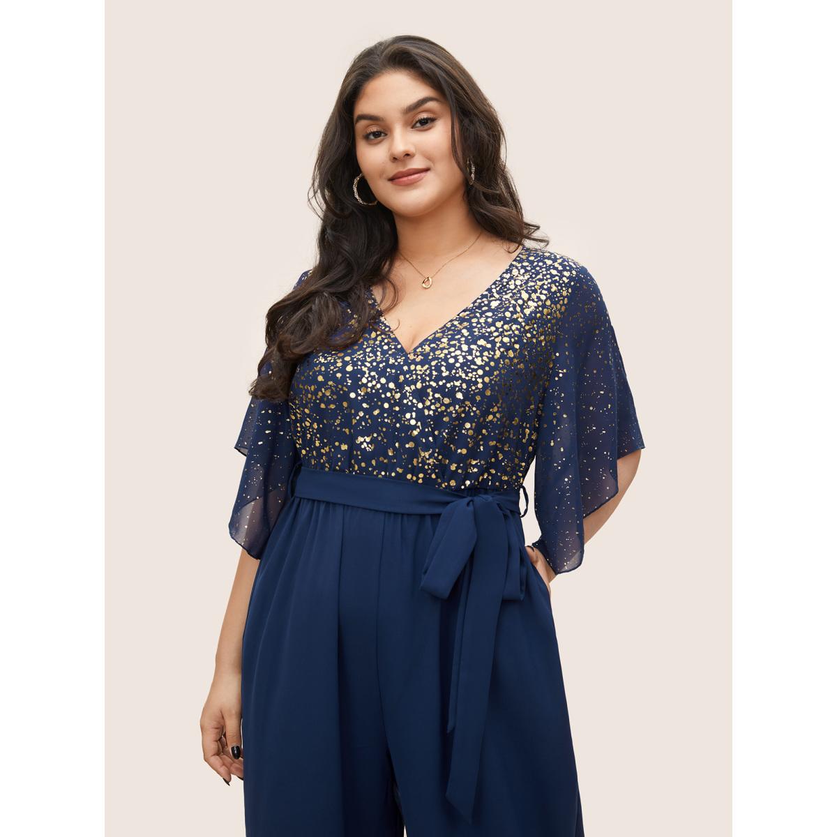 Plus Size DarkBlue Glitter Overlap Collar Mesh Flutter Sleeve Jumpsuit Women Cocktail Half Sleeve Overlap Collar Party Loose Jumpsuits BloomChic 14-16/1X Product Image