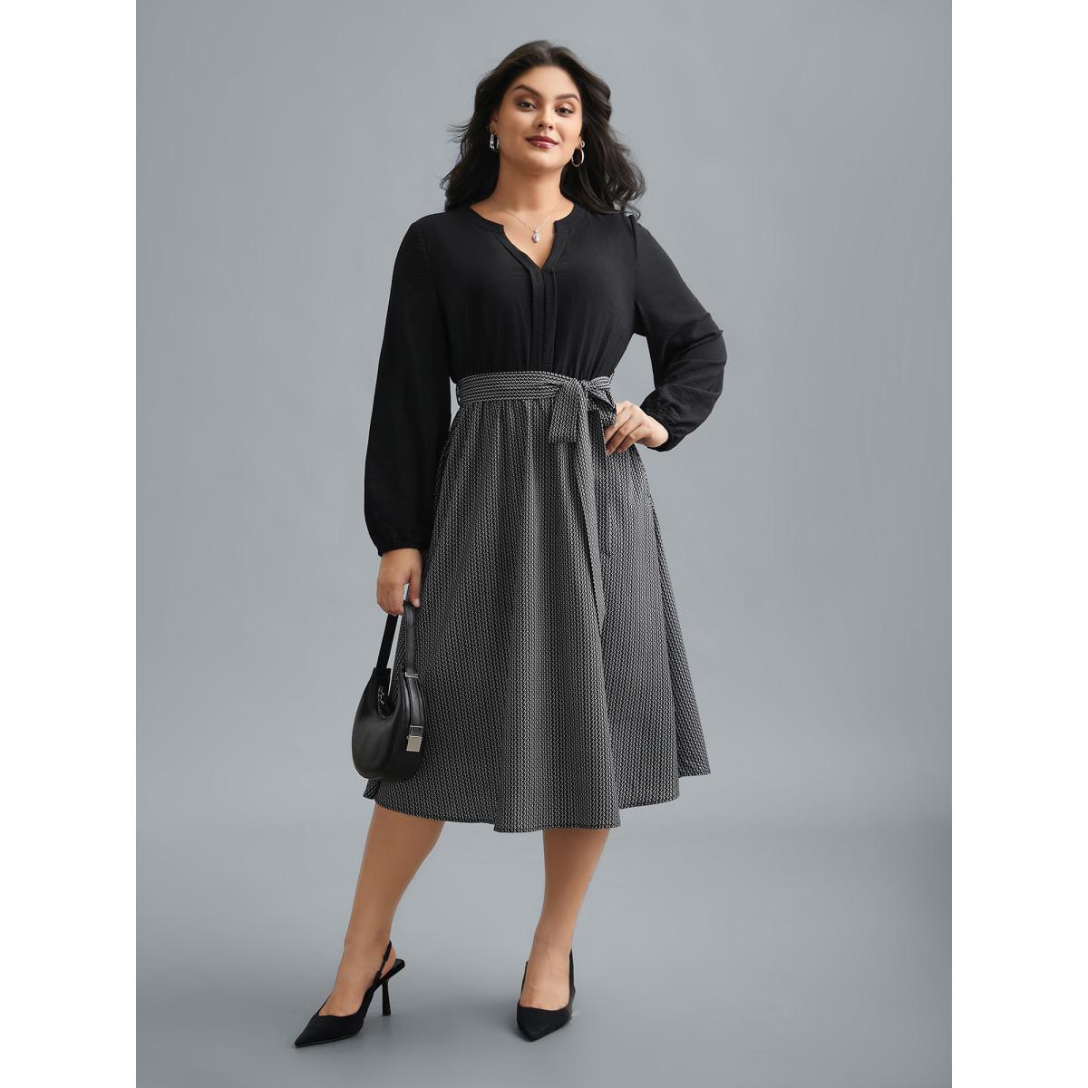 Plus Size Notched Collar Color Block Waist Tie Dress Black Women At the Office Belted Flat collar with V-notch Long Sleeve Curvy BloomChic 12/L Product Image