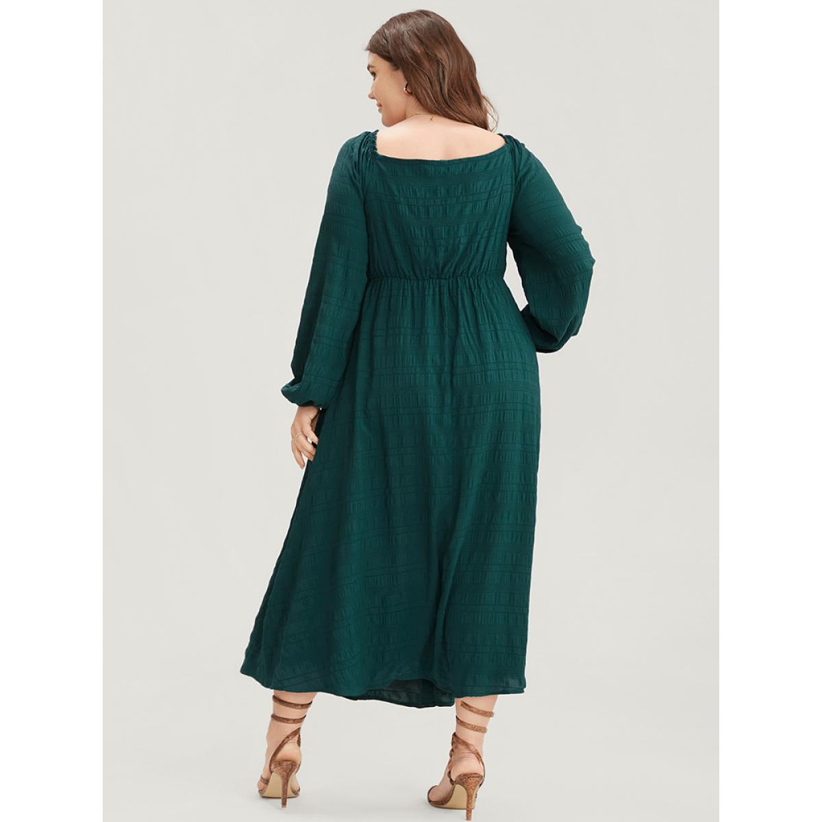 Plus Size Solid Pocket Lantern Sleeve Textured Button Up Square Neck Dress DarkGreen Women Elegant Square Neck Long Sleeve Curvy Midi Dress BloomChic 18-20/2X Product Image