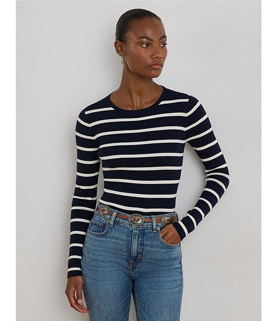Lauren Ralph Lauren Ribbed Knit Striped Round Neck Long Sleeve Top Product Image
