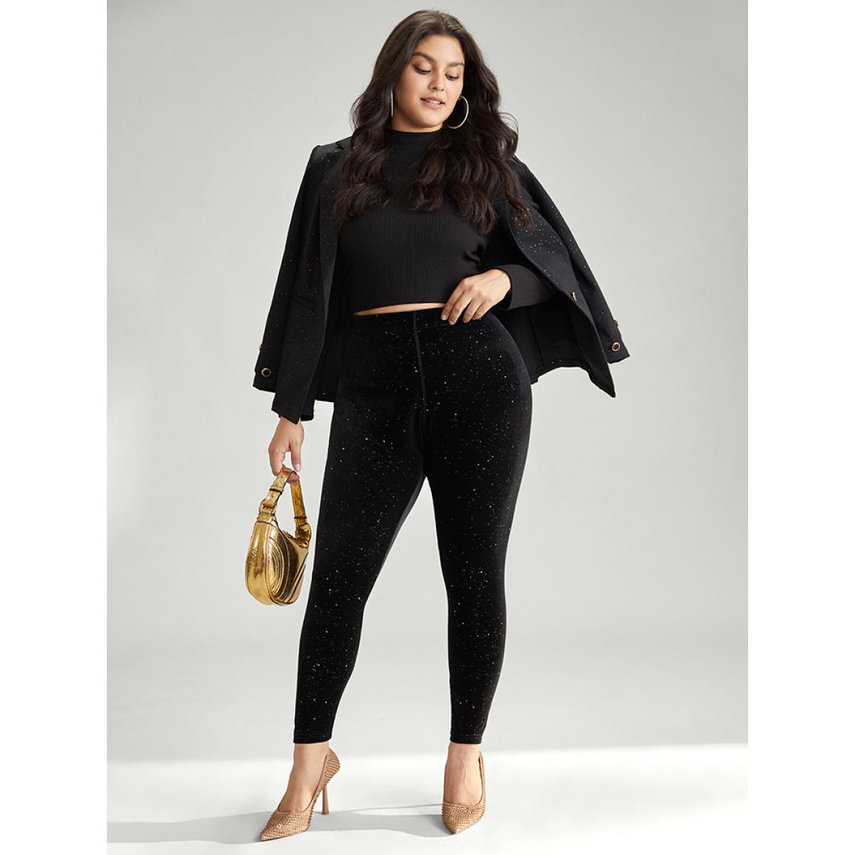 Plus Size Velvet Rhinestone High Rise Skinny Leggings Women Black Glamour High stretch Skinny High Rise Party Leggings BloomChic 28/5X Product Image