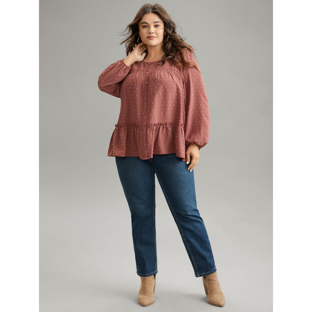 Plus Size Rust Textured Lantern Sleeve Gathered Frill Trim Blouse Women Casual Long Sleeve Round Neck Vacation Blouses BloomChic 28/5X Product Image