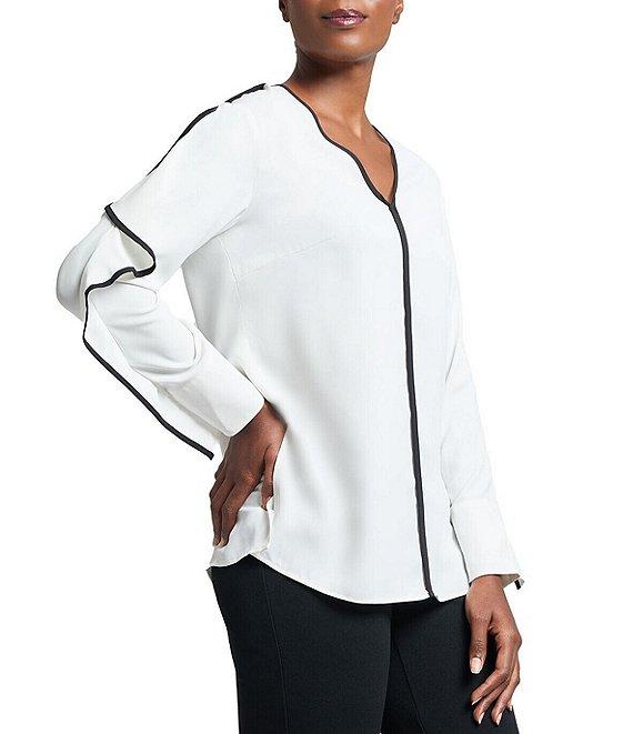 Ming Wang Crepe De Chine Contrast V-Neck Long Ruffle Sleeve Blouse Product Image