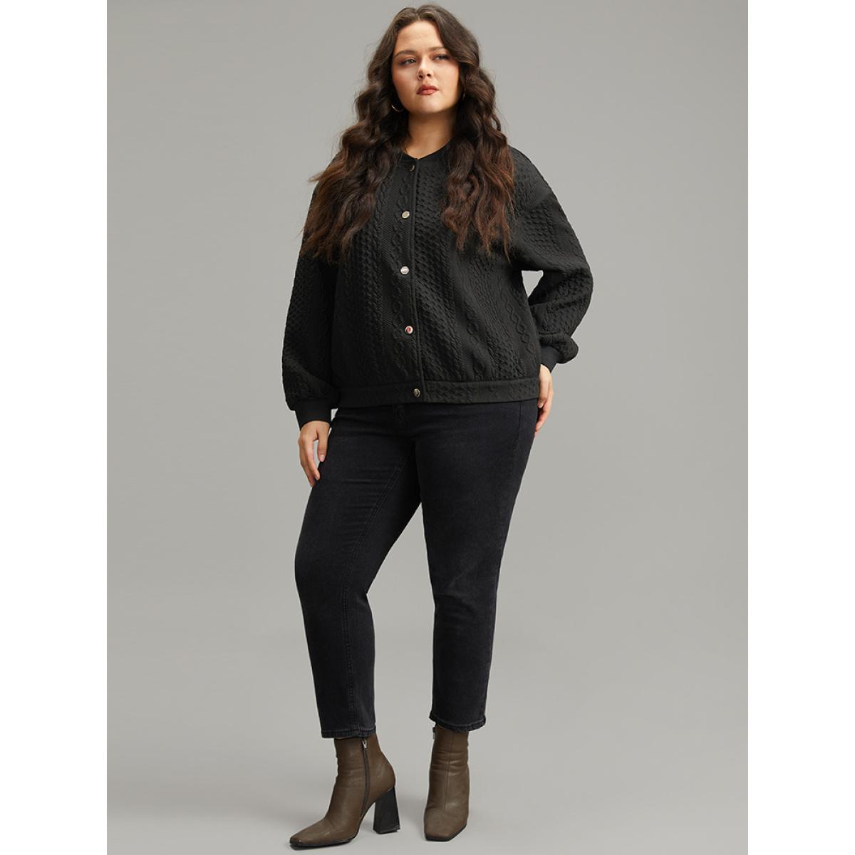 Plus Size Plain Texture Button Through Jacket Women Black Elastic cuffs Dailywear Jackets BloomChic 10/M Product Image