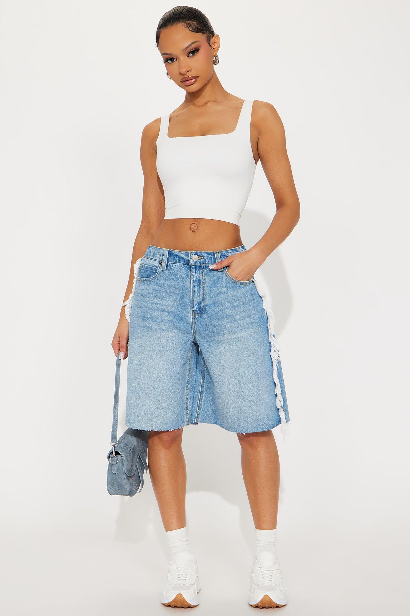 Sahara High Rise Fringed Bermuda Shorts - Medium Wash Female Product Image