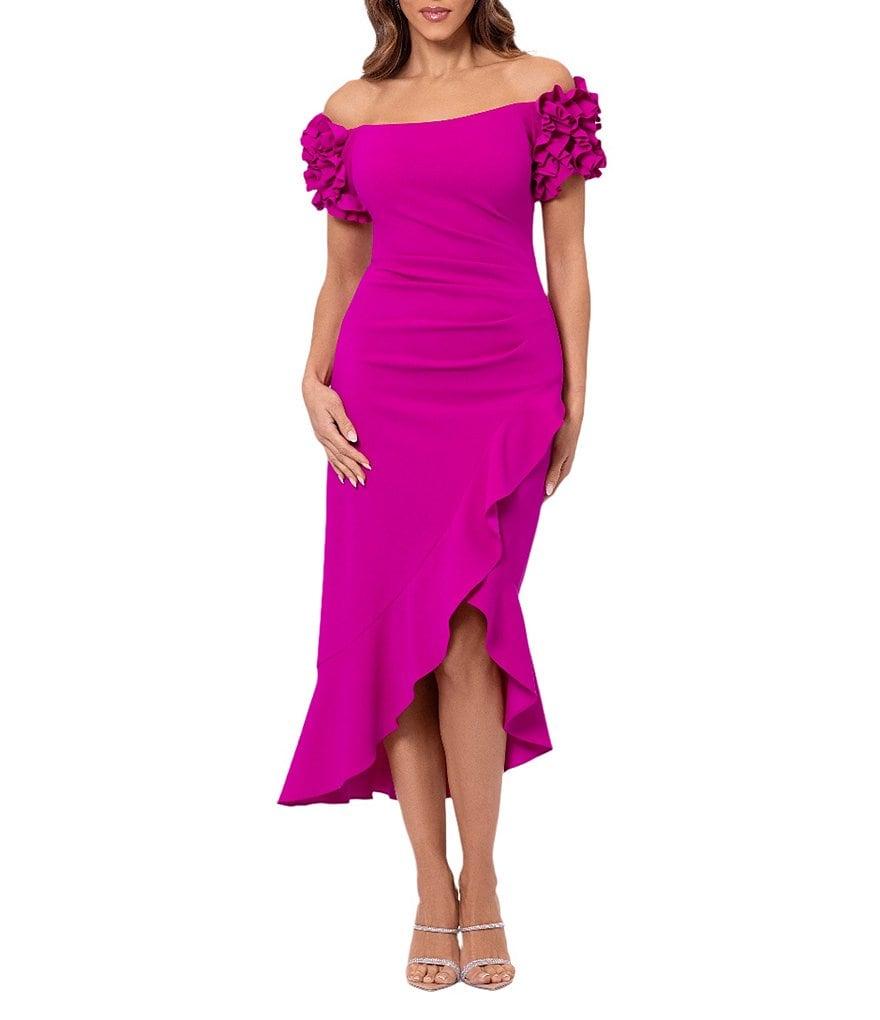 Xscape 3D Ruffle Off-the-Shoulder Ruffle Front Ruched Detail Midi Dress Product Image