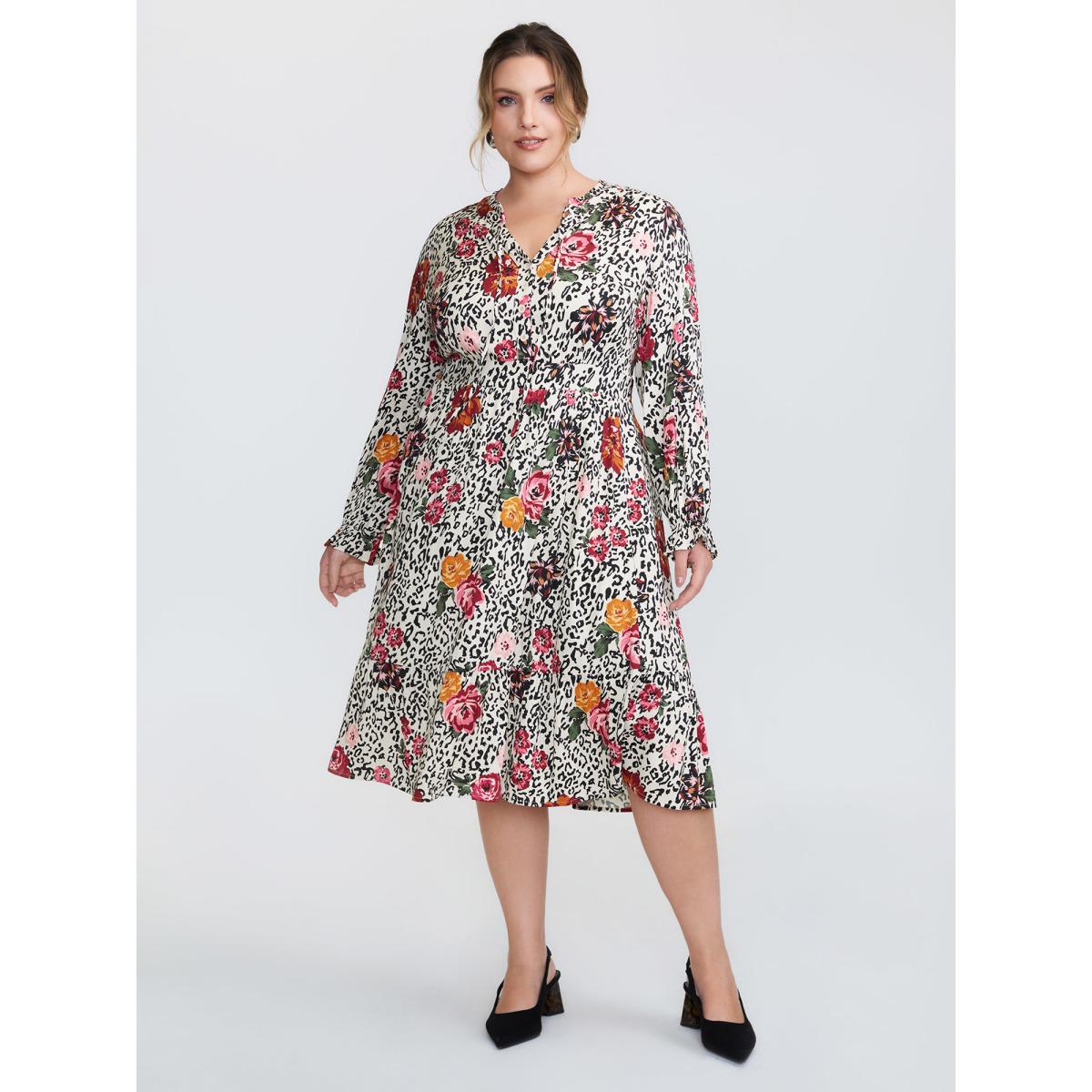 Plus Size Leopard Floral Print Shirred Waist Midi Dress Apricot Women Timeless Tie knot Flat collar with V-notch Long Sleeve Curvy BloomChic 14-16/1X Product Image