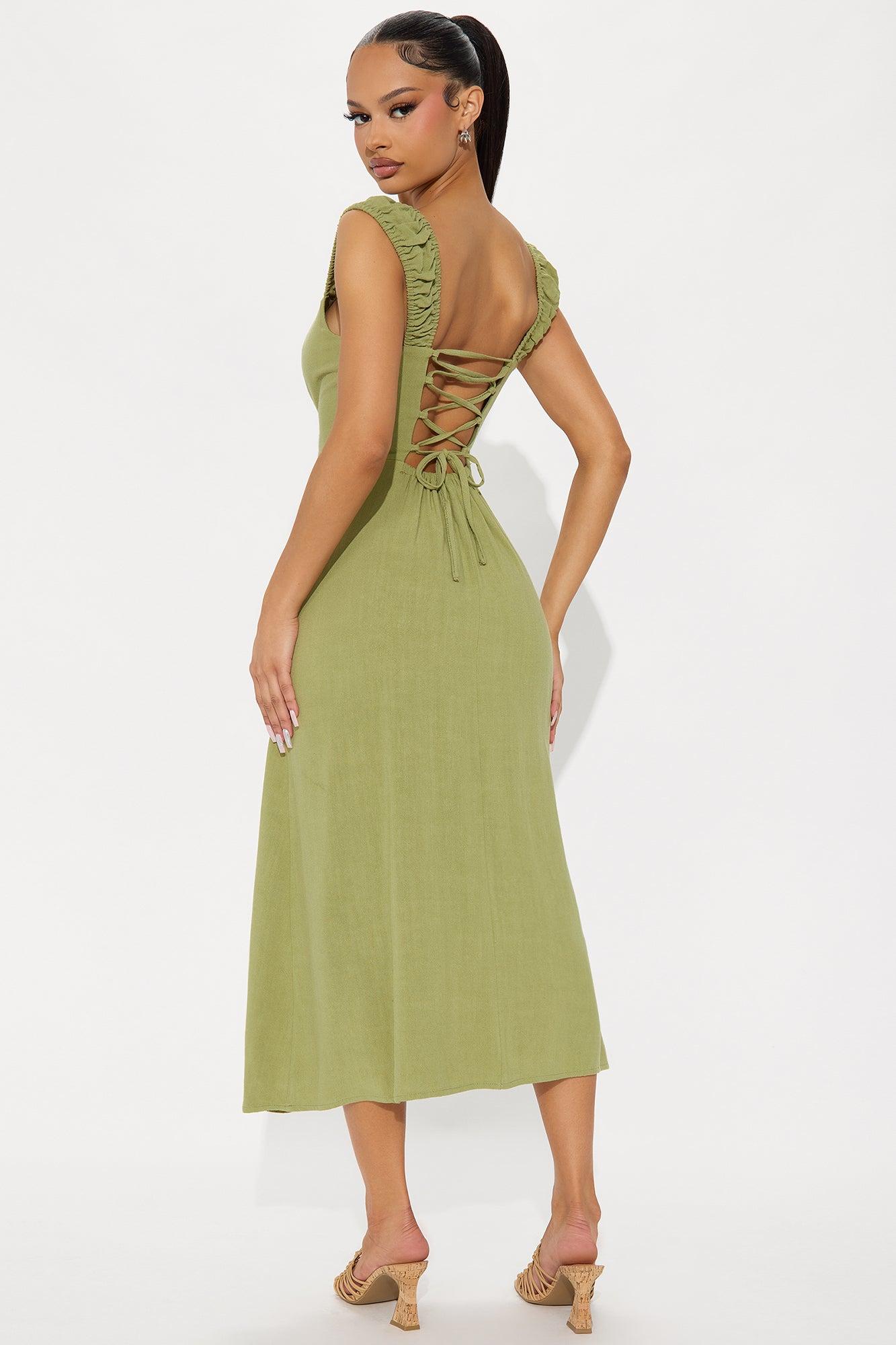 Luciana Stretch Linen Midi Dress - Olive Product Image