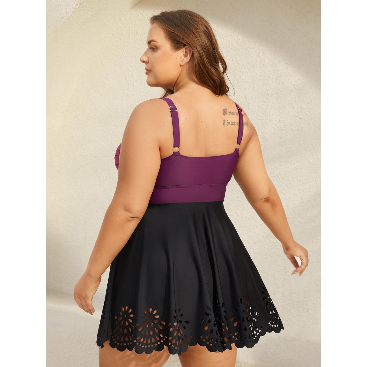 Plus Size Twist Front Laser Cut Swim Dress Women's Swimwear Deeppurplered Beach Bodycon Square Neck High stretch Curve Swim Dresses BloomChic 22-24/3X Product Image