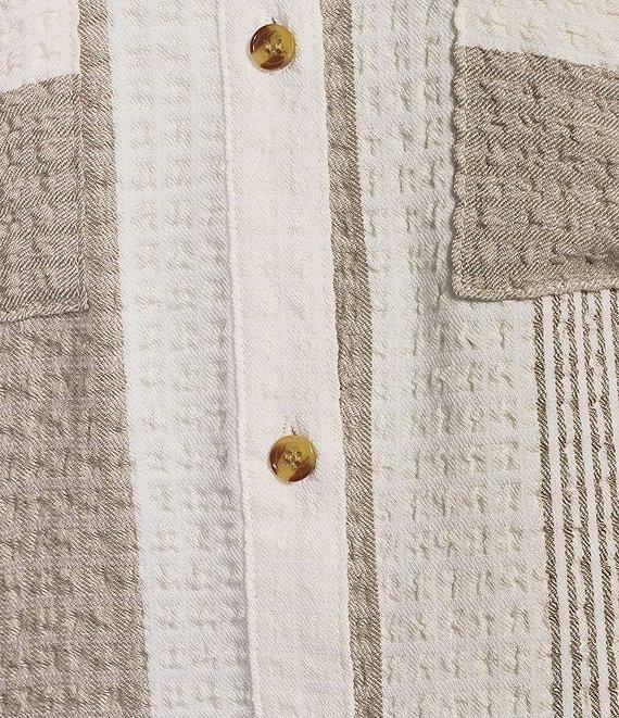 Intro Woven Stripe Point Collar Long Roll-Tab Sleeve Button Front Shirt Product Image