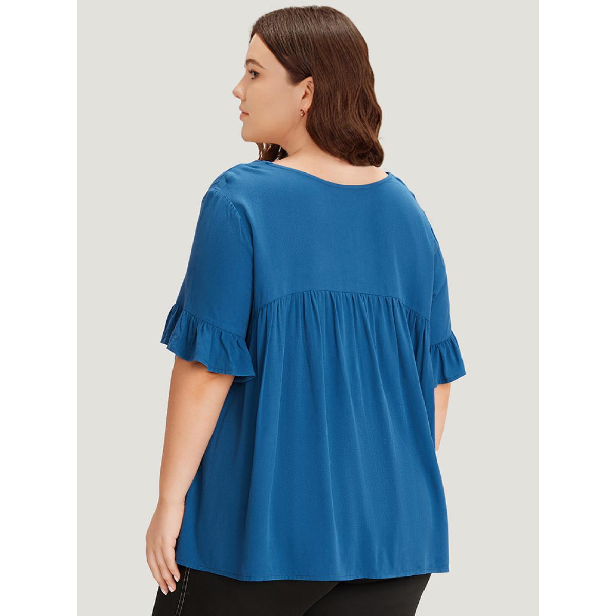 Plus Size Aegean Solid Flutter Trim Pleated Button Detail Blouse Women Office Short sleeve V-neck Work Blouses BloomChic 30/6X Product Image