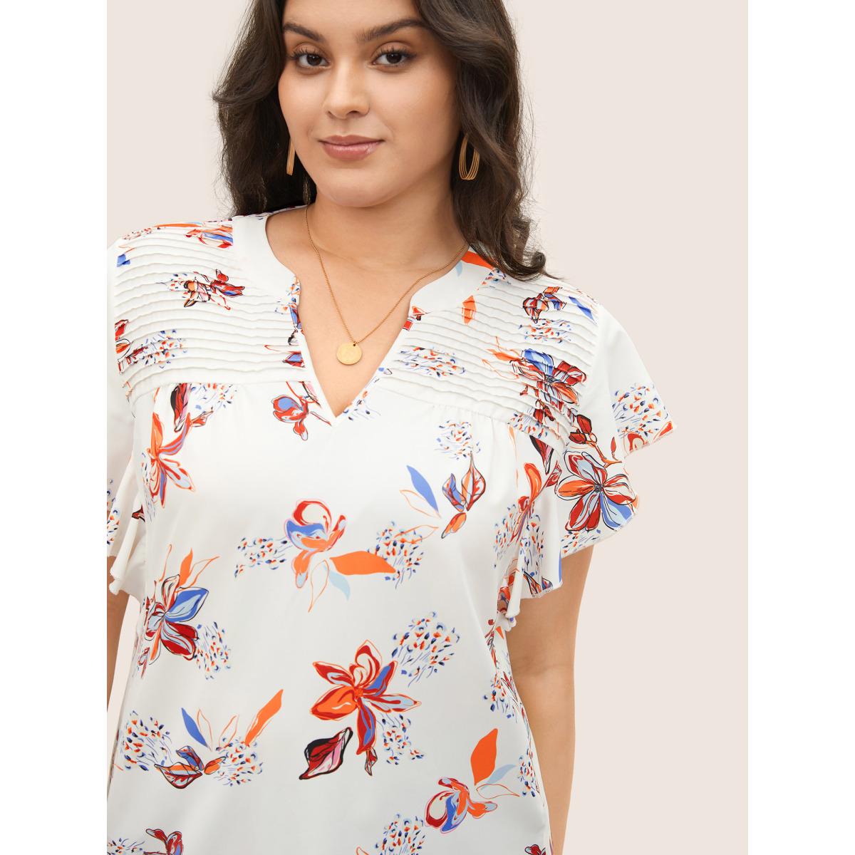 Plus Size Multicolor Floral Pleated Ruffle Cap Sleeve Blouse Women Elegant Cap Sleeve V-neck Everyday Blouses BloomChic 18-20/2X Product Image