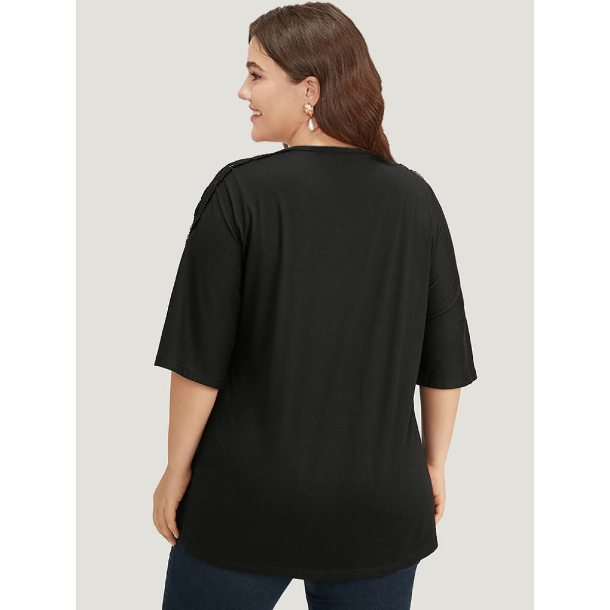 Plus Size Halloween Supersoft Essentials Plain Lace Panel Open Front Kimono Women Black Casual Plain Dailywear Kimonos BloomChic 10/M Product Image