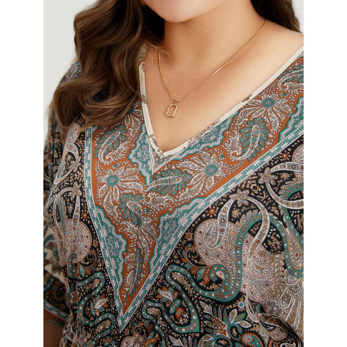 Plus Size Bandana Print Pocket Elastic Waist Patchwork Dress Multicolor Women Vacation Printed V-neck Elbow-length sleeve Curvy Midi Dress BloomChic 18-20/2X Product Image