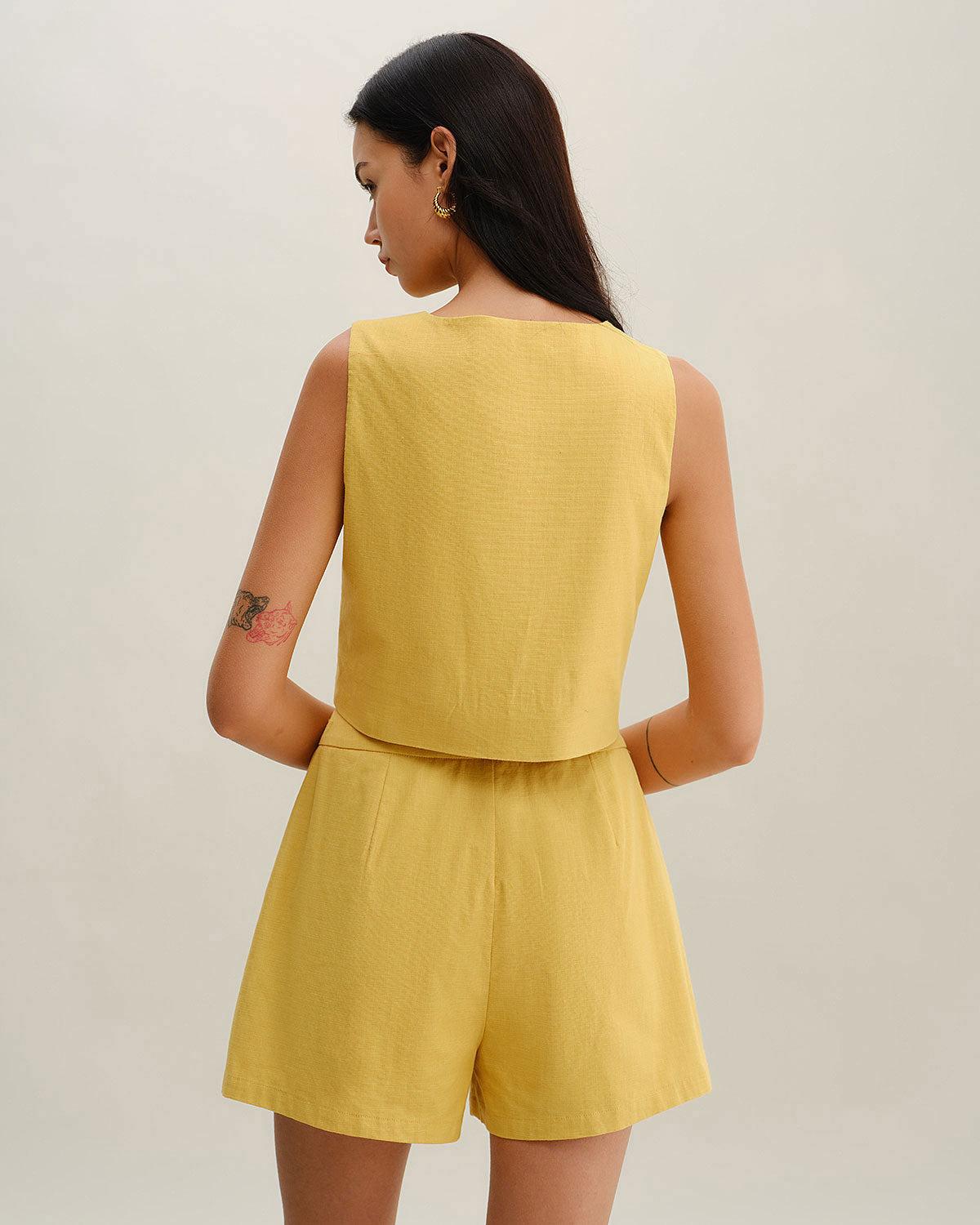 Yellow Ruched Button Shorts Product Image