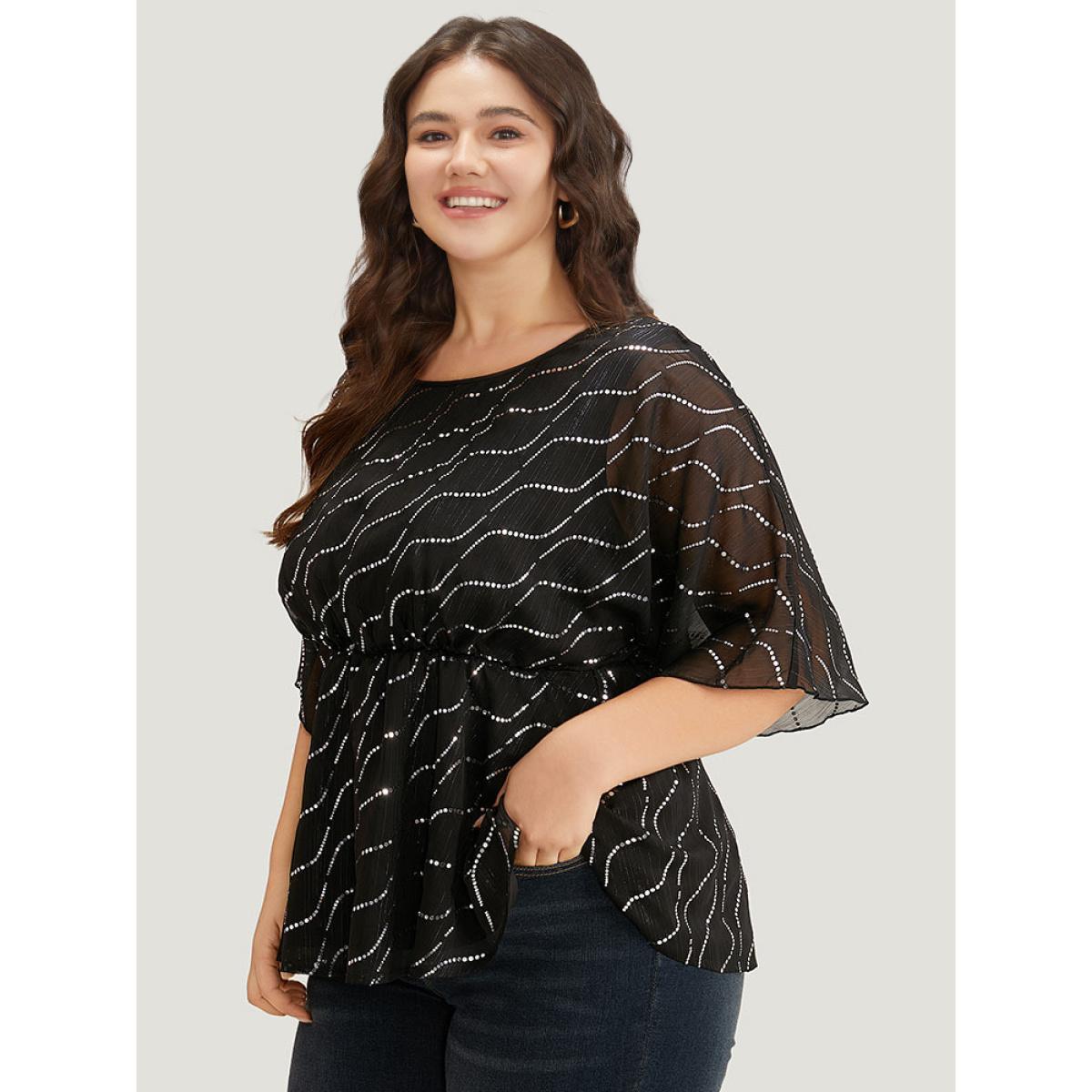 Plus Size Black Chiffon Rhinestone Mesh Patchwork Elastic Waist Blouse Women Glamour Half Sleeve Round Neck Going out Blouses BloomChic 14-16/1X Product Image