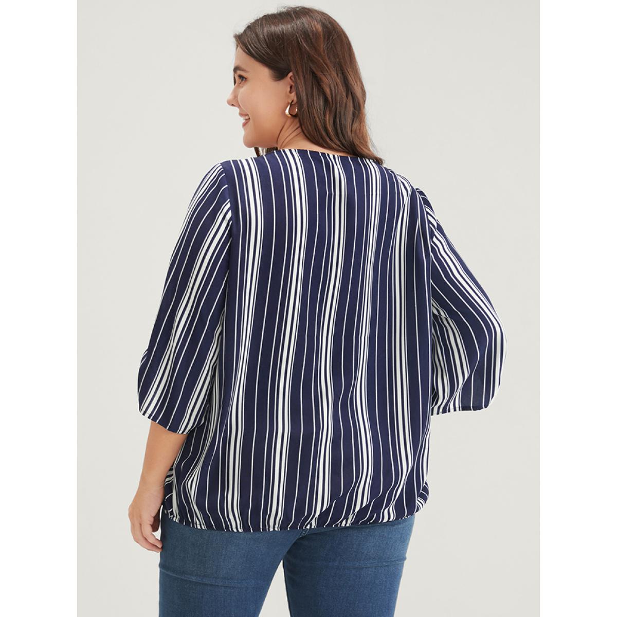 Plus Size DarkBlue Striped Button Cuffed Sleeve Wrap Blouse Women Vacation Short sleeve V-neck Dailywear Blouses BloomChic 22-24/3X Product Image
