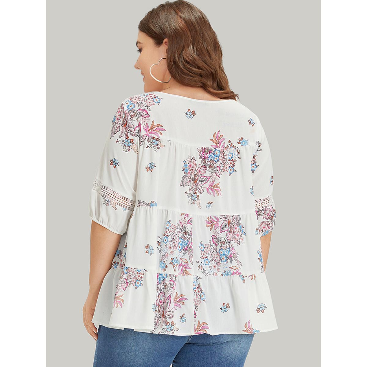 Plus Size White Floral Print Patchwork Ruffle Layered Hem Lantern Sleeve Blouse Women Elegant Half Sleeve Round Neck Dailywear Blouses BloomChic 30/6X Product Image
