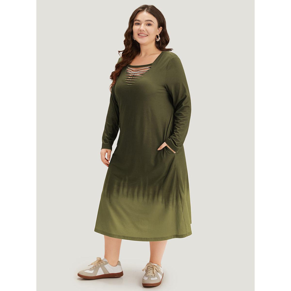 Plus Size Tie Dye Pocket Round Neck Cut Out Dress ArmyGreen Women Casual Tie Dye Round Neck Long Sleeve Curvy Midi Dress BloomChic 14-16/1X Product Image
